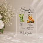 Clear acrylic wedding bar sign with the Navy Watercolor his and hers signature drinks design
