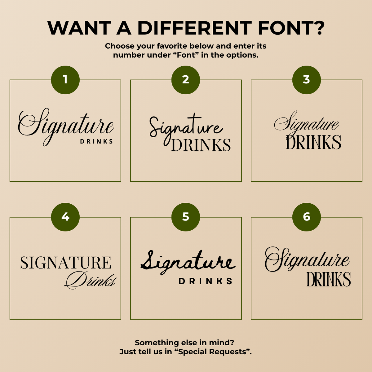 Font chart for the custom navy watercolor his and hers signature drinks wedding bar sign, six numbered font options to choose from