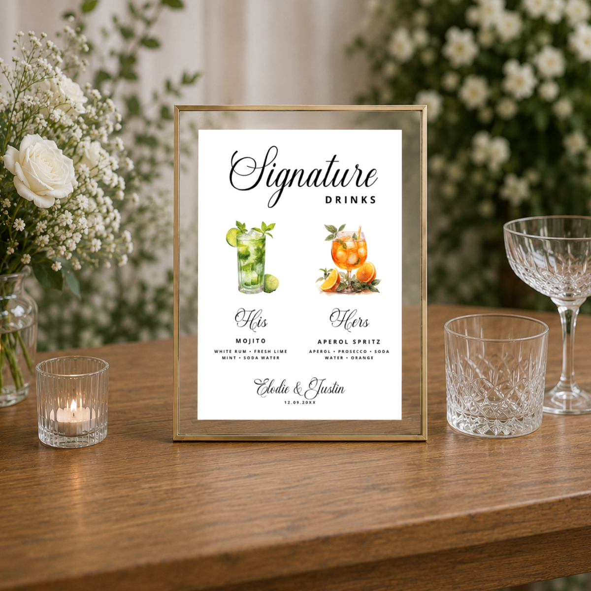 Personalized Navy Watercolor wedding bar sign on paper or foam board with his and hers signature drinks