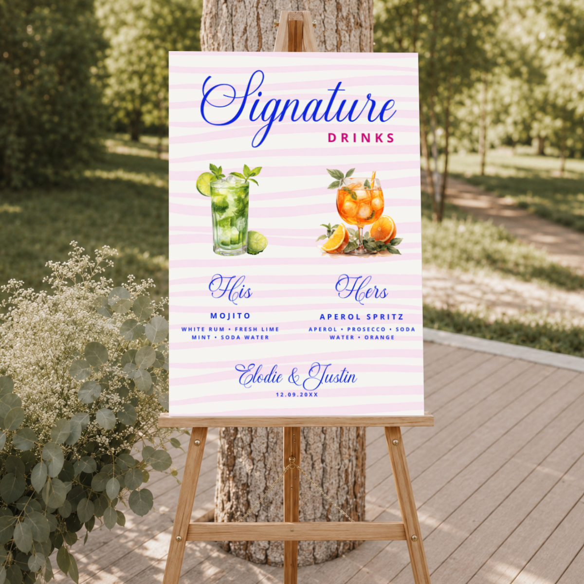 Custom Navy Watercolor signature drink bar sign on paper or foam board, with names and wedding date
