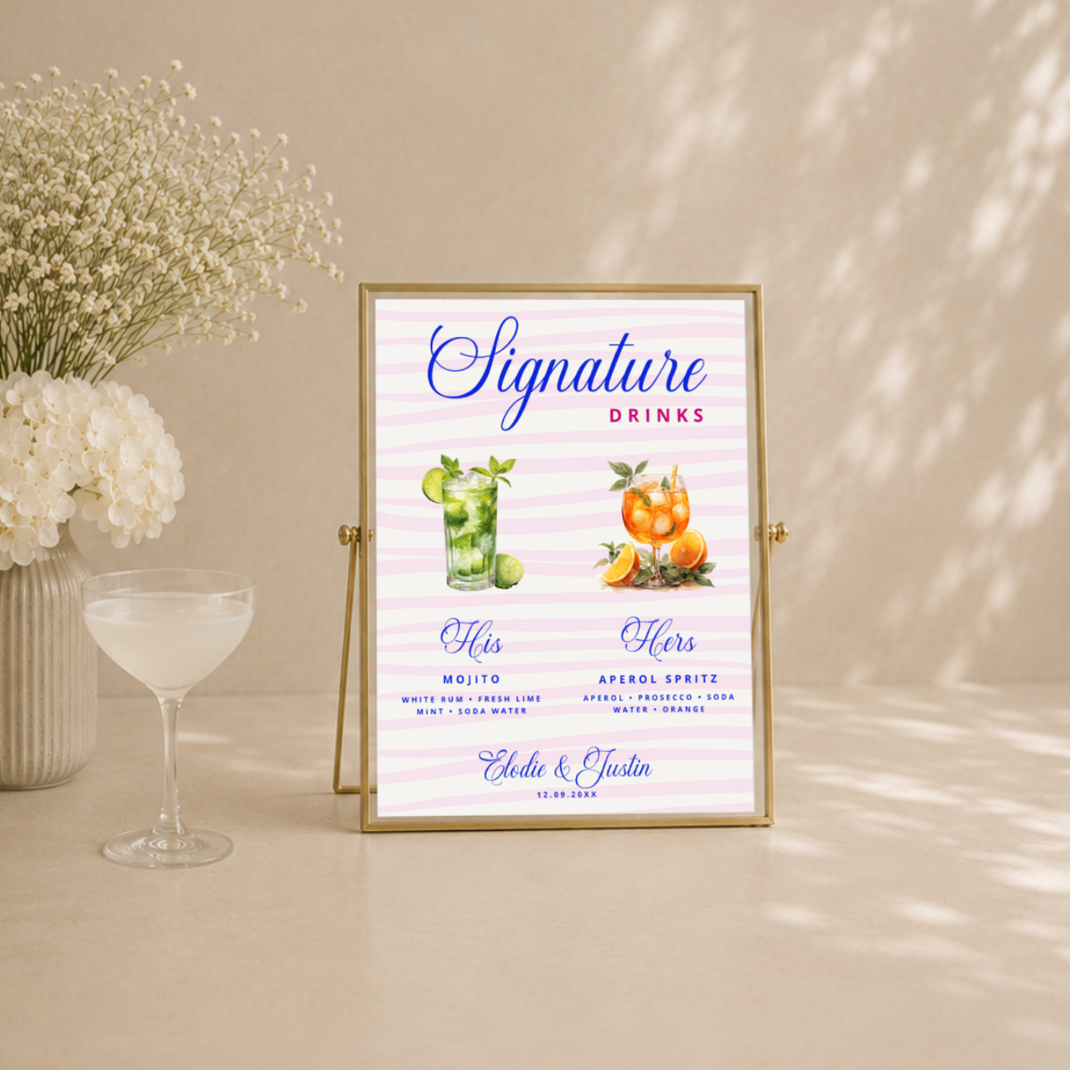 Navy Watercolor his and hers wedding bar sign on paper or foam board, styled at a reception bar