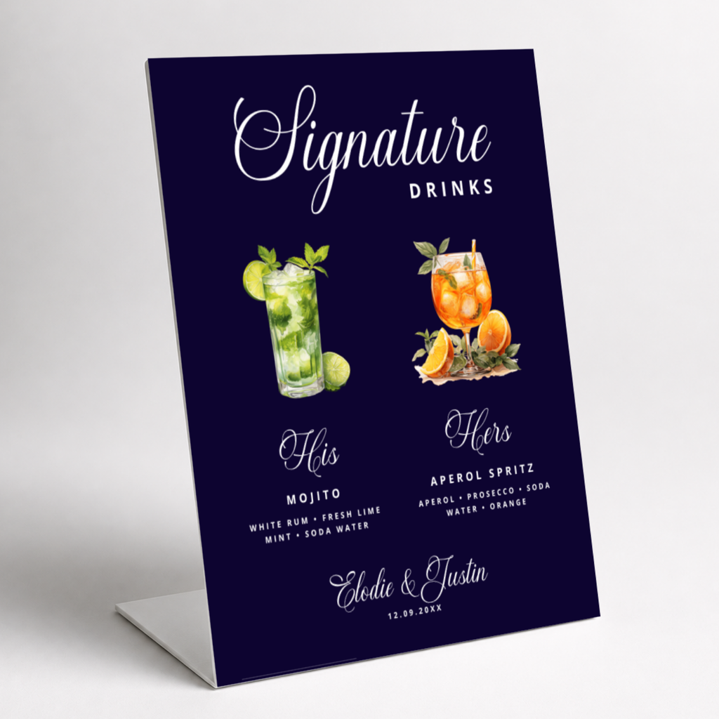 Navy his and hers signature drinks wedding bar sign with watercolor cocktails and ingredients, as a pedestal sign