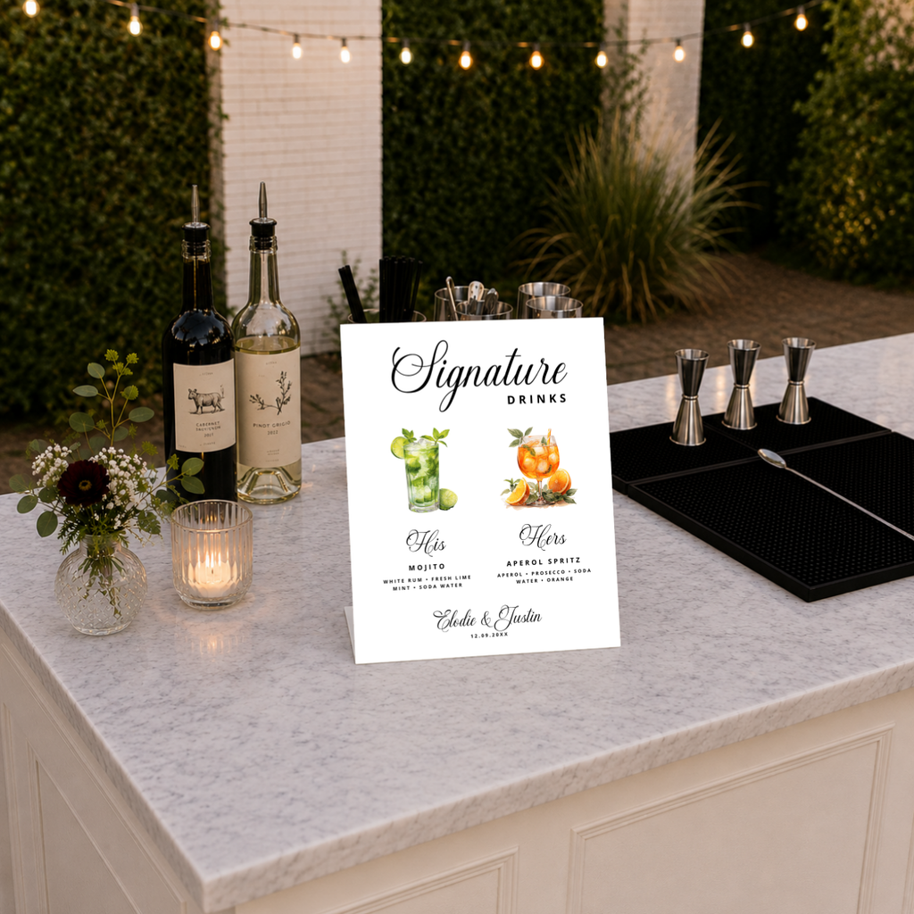 Personalized Navy Watercolor wedding bar sign on a pedestal stand with his and hers signature drinks