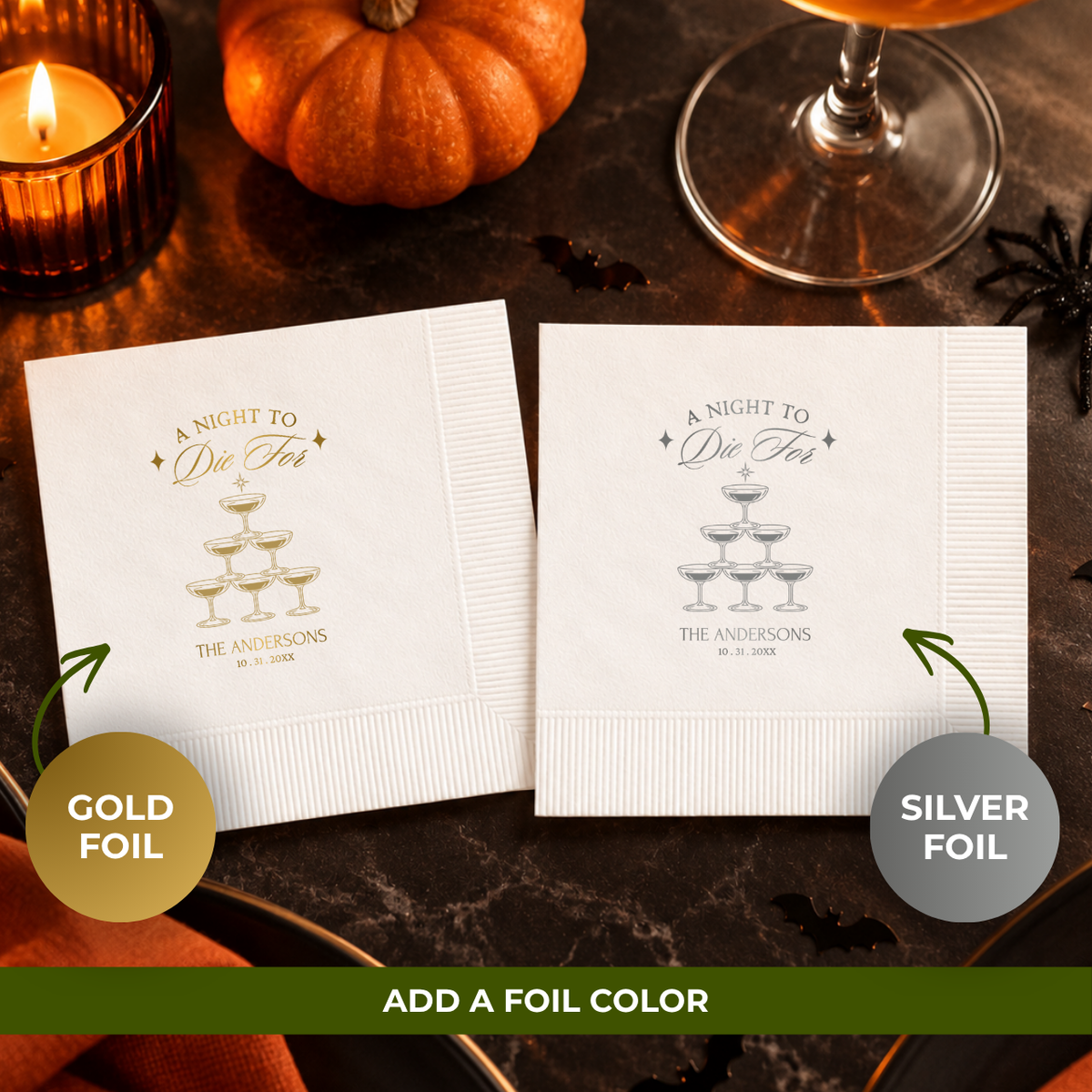 Personalized Halloween paper napkins with the gold champagne tower under A Night To Die For