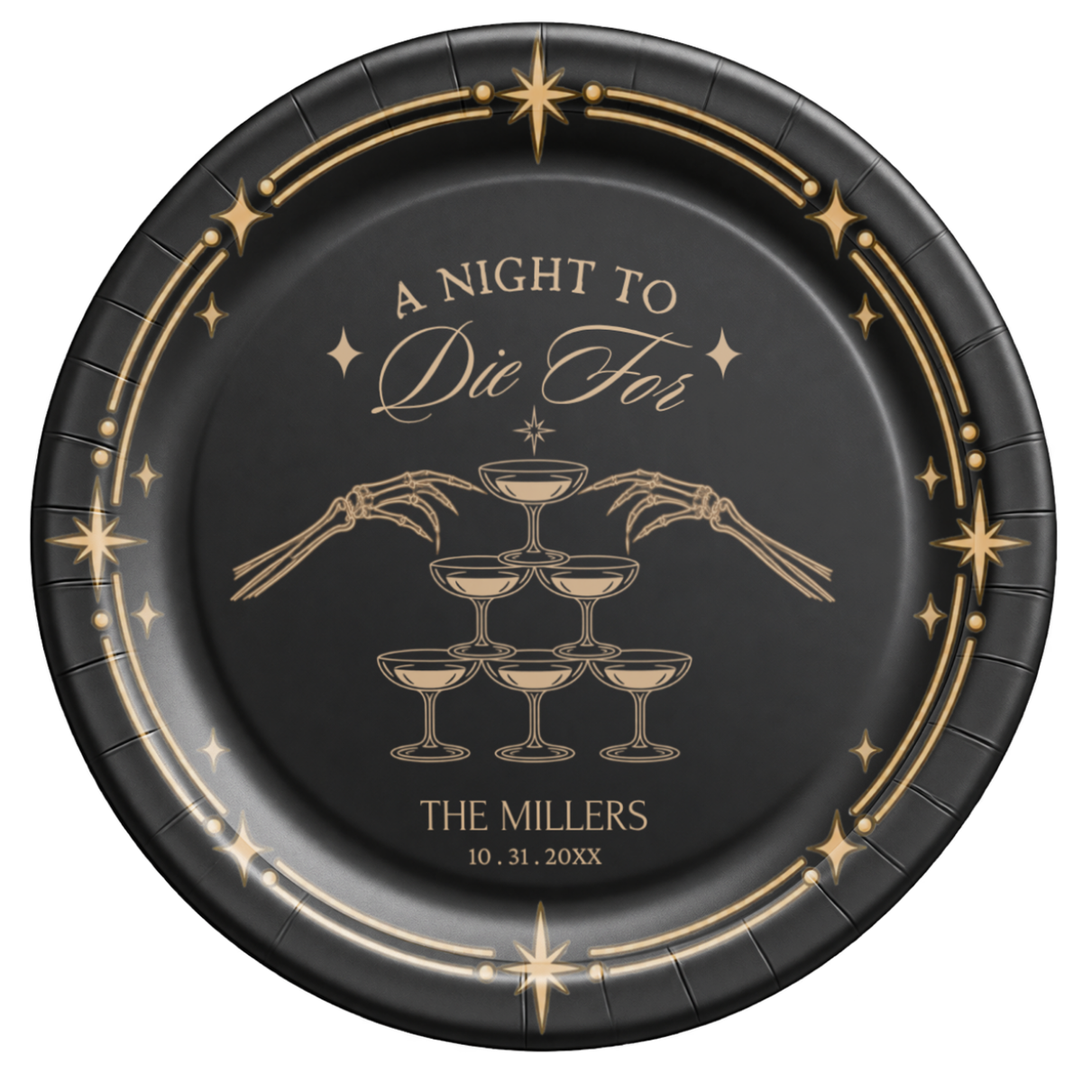 Personalized black A Night To Die For Halloween paper plate with a gold champagne tower, family name and date below