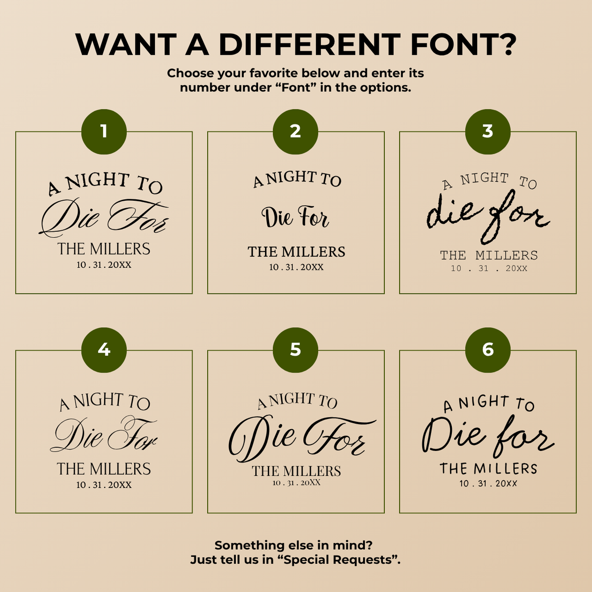 Font chart with six font options for the personalized A Night To Die For Halloween paper plates
