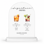 Olive green his and hers signature drinks wedding bar sign with watercolor cocktails and ingredients, in an acrylic dome