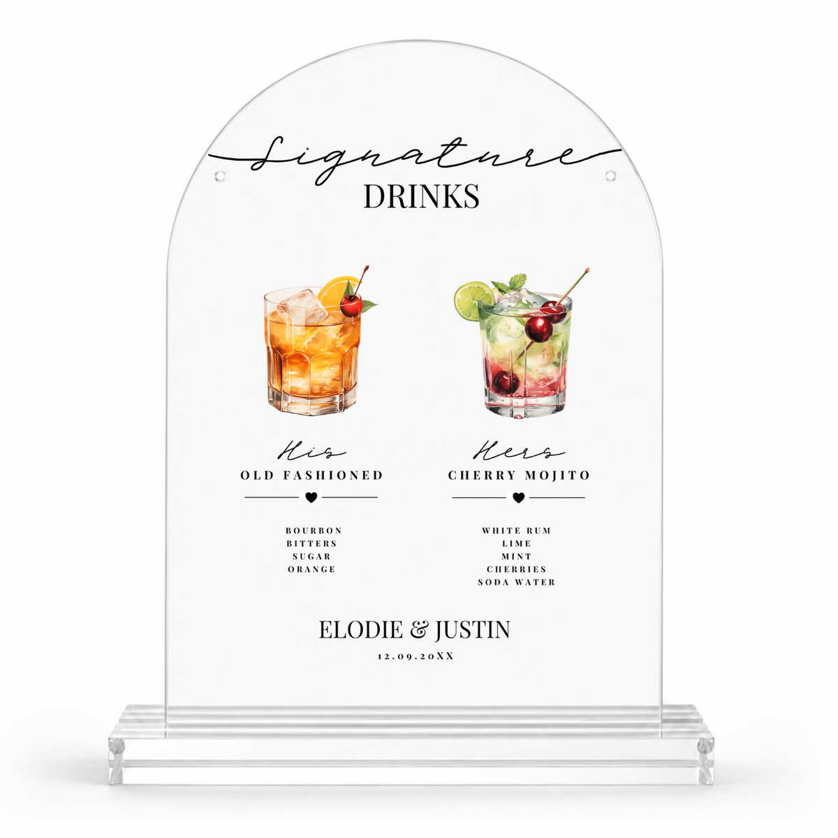 Olive green his and hers signature drinks wedding bar sign with watercolor cocktails and ingredients, in an acrylic dome