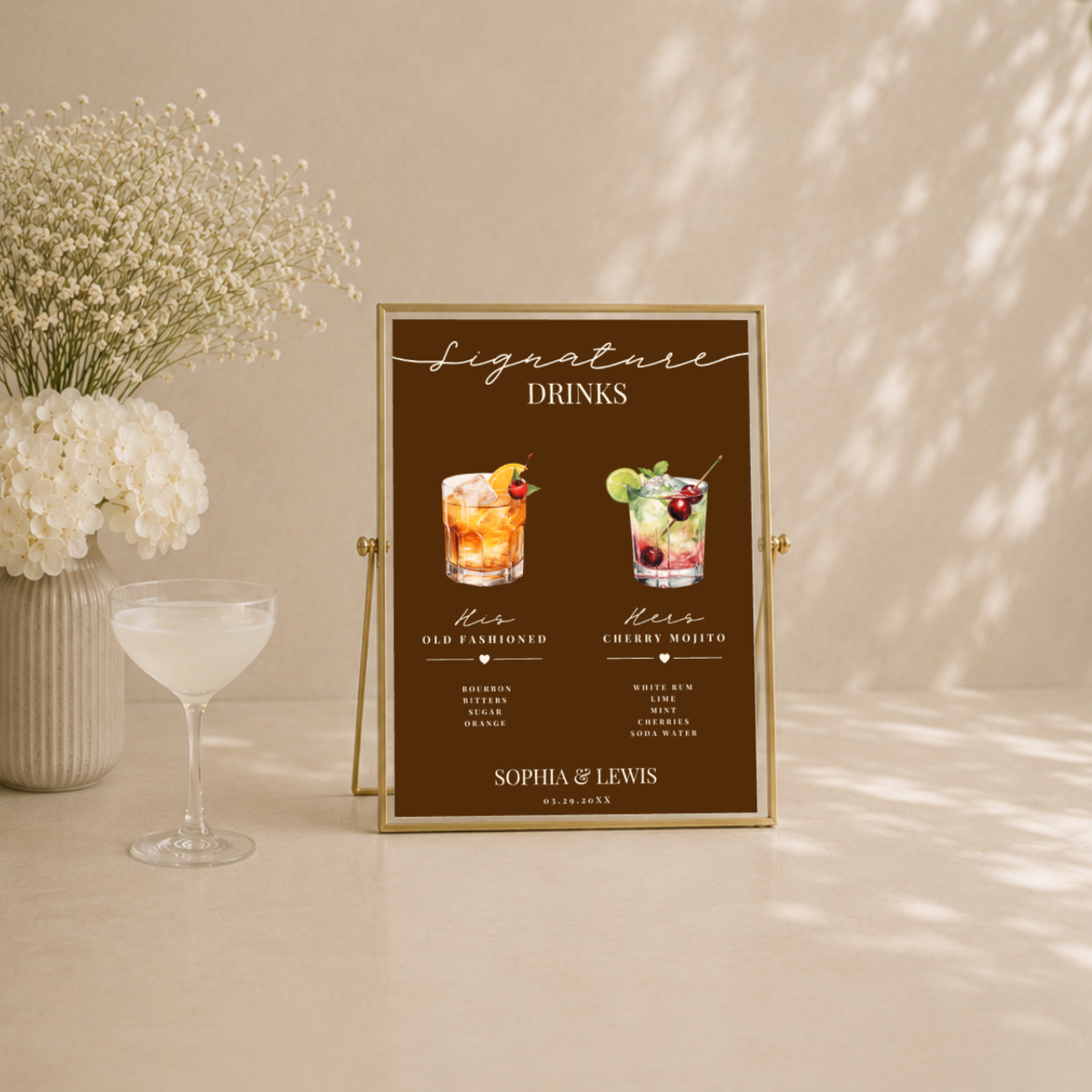 Custom Olive Watercolor signature drink bar sign on paper or foam board, with names and wedding date