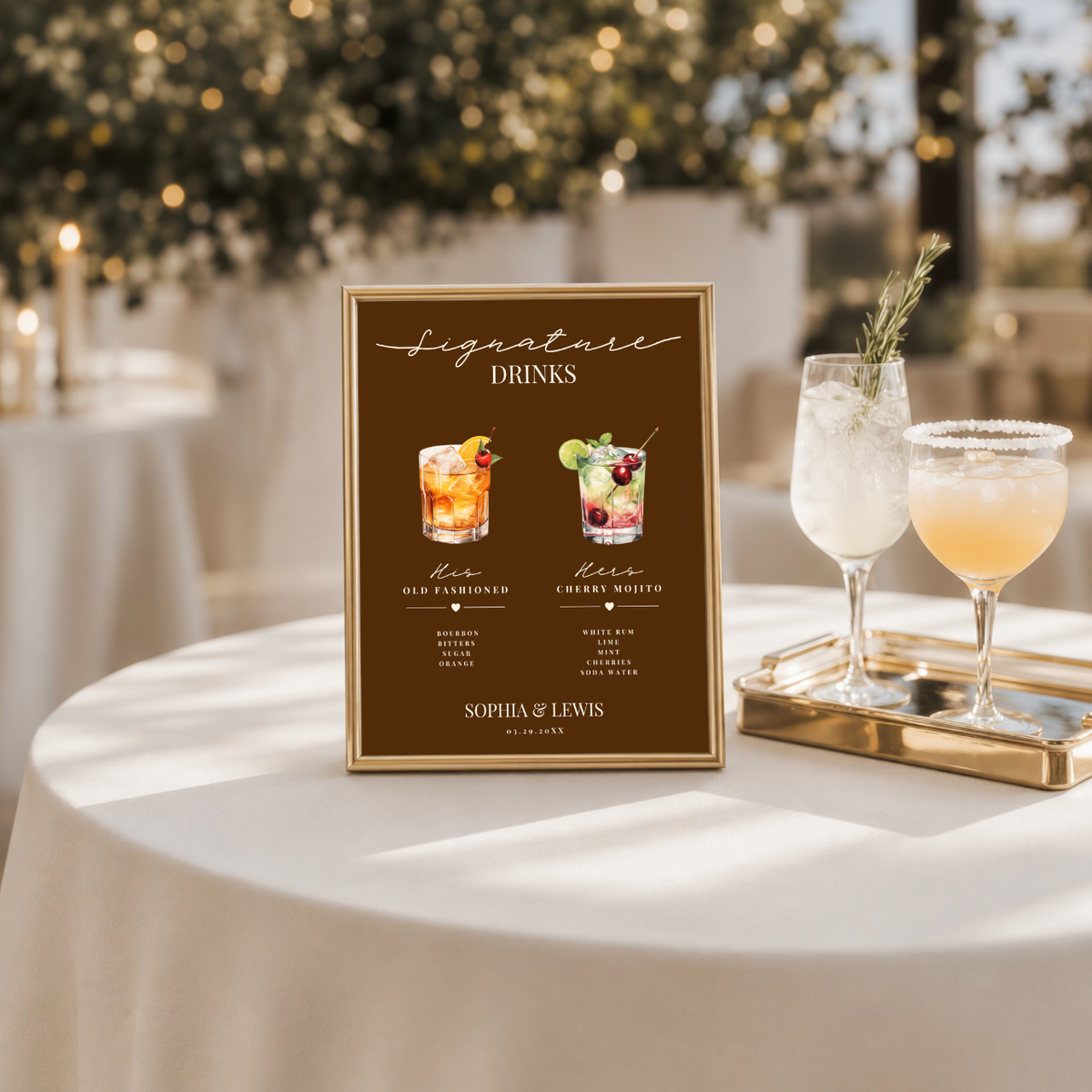 Olive Watercolor his and hers wedding bar sign on paper or foam board, styled at a reception bar
