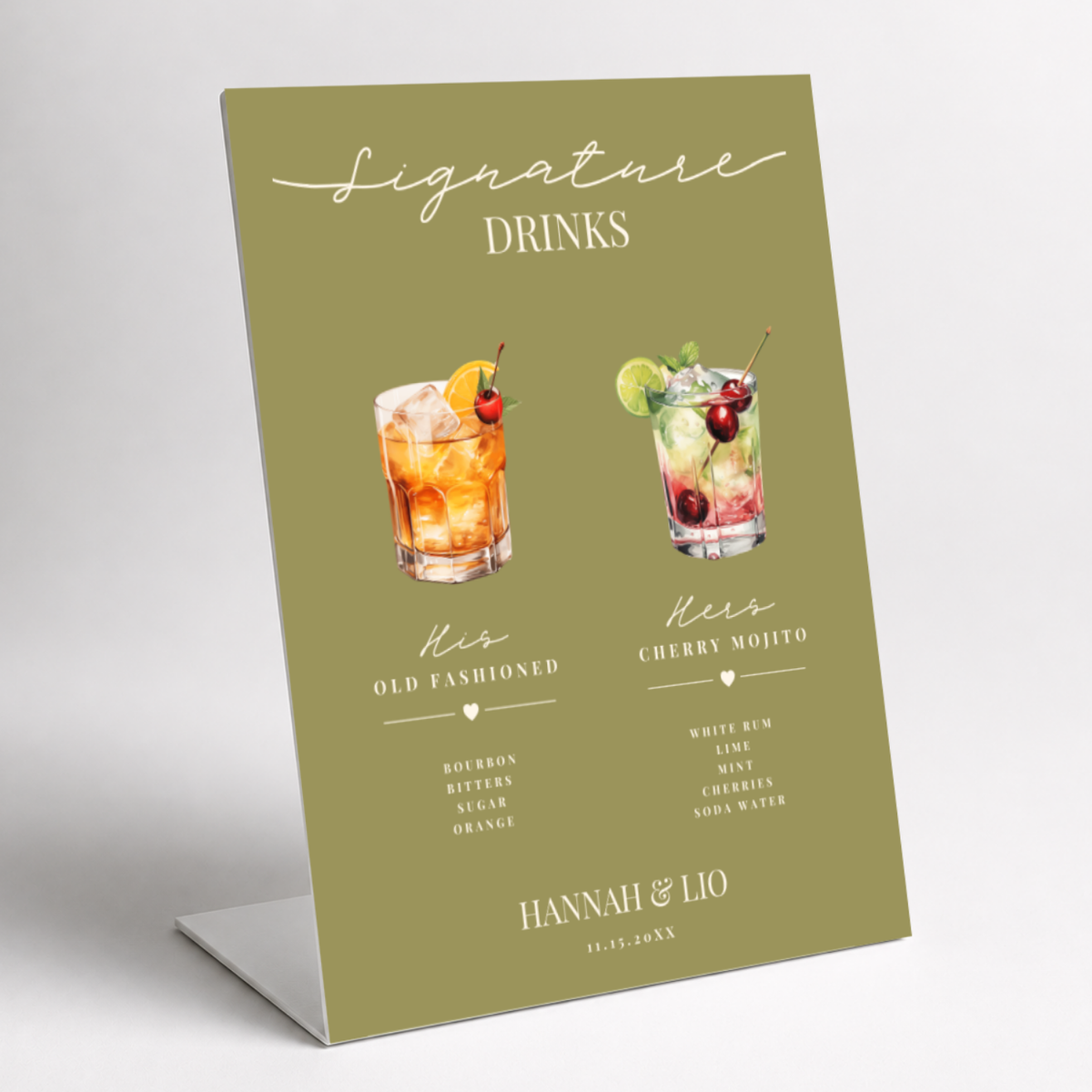 Olive green his and hers signature drinks wedding bar sign with watercolor cocktails and ingredients, as a pedestal sign