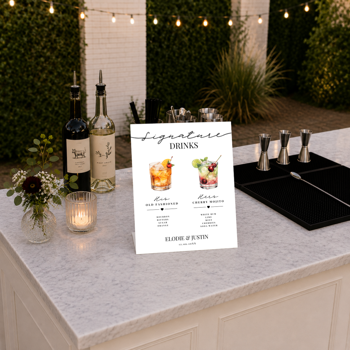 Personalized Olive Watercolor wedding bar sign on a pedestal stand with his and hers signature drinks