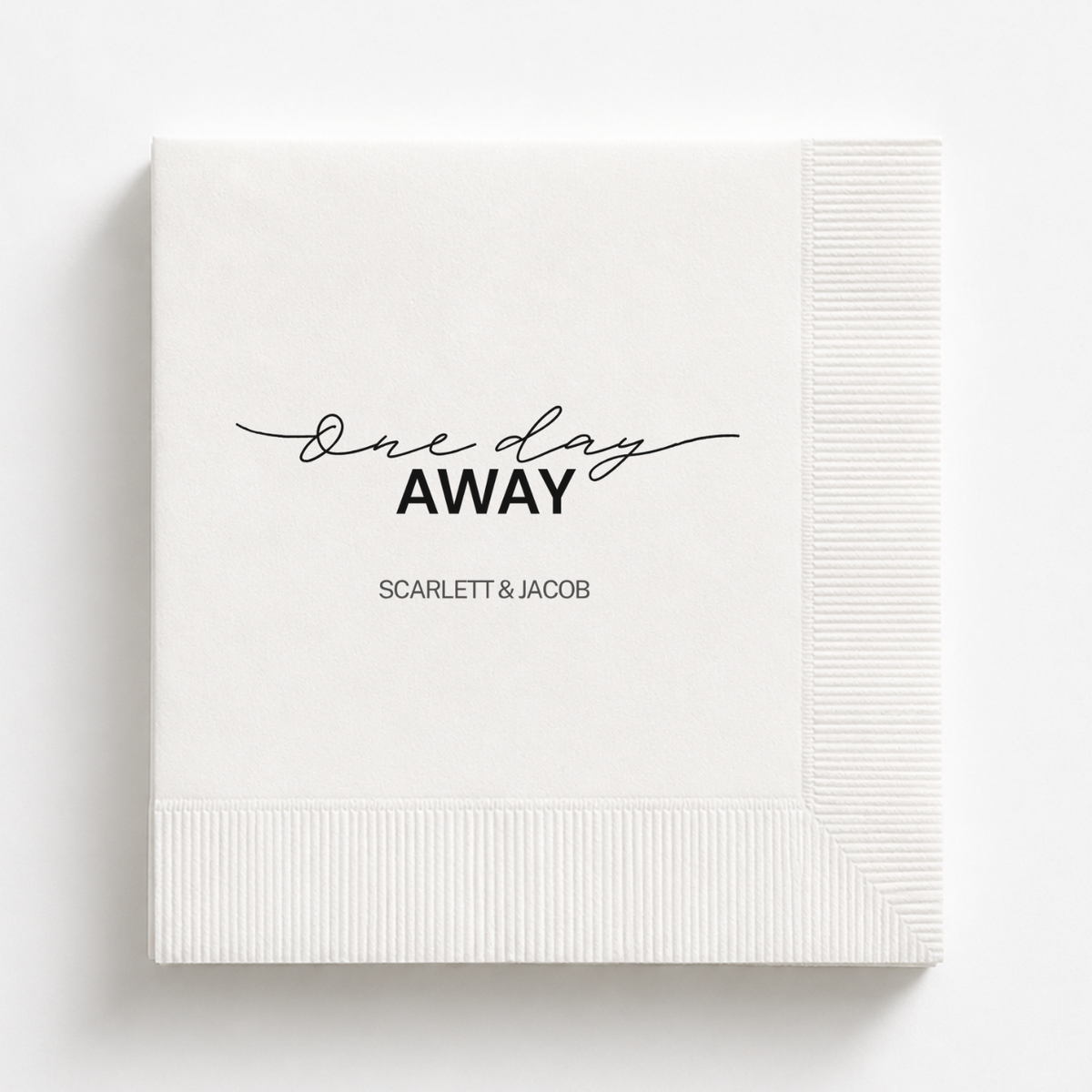 One Day Away rehearsal dinner napkin with the couple's names