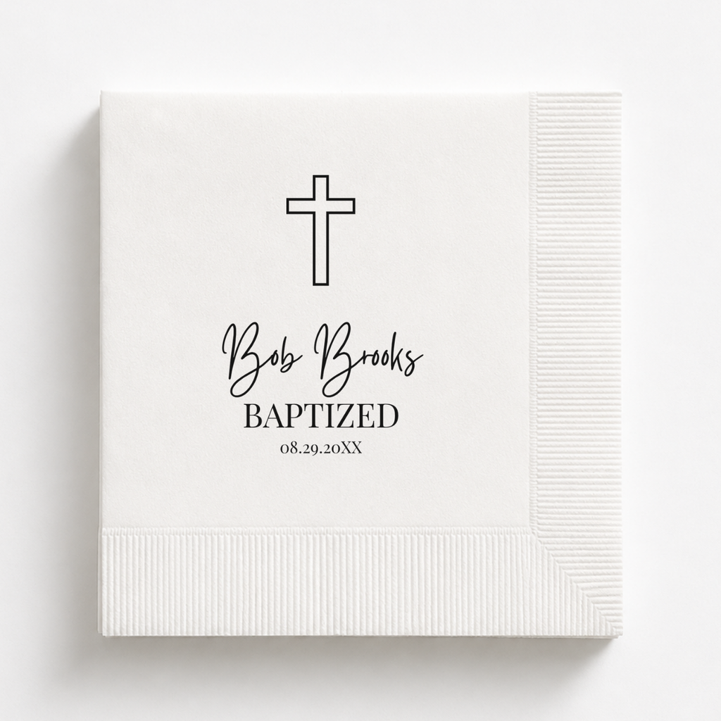Outline Cross baptism napkin personalized with a name and date