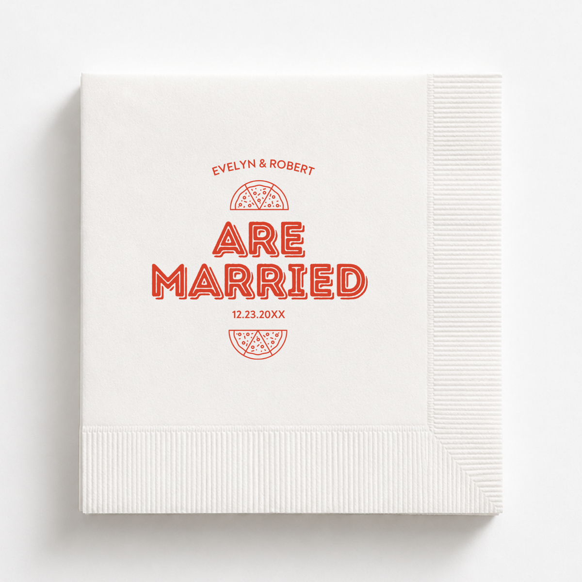 Pizza Names Are Married rehearsal dinner napkin with names and date