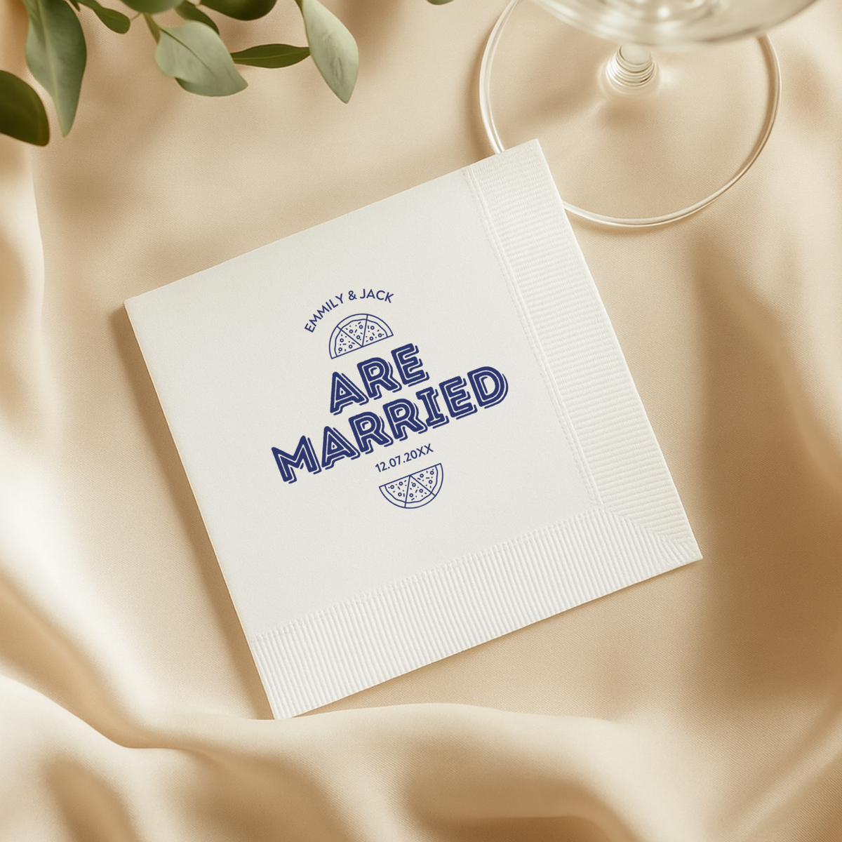 Personalized pizza rehearsal dinner napkin with a wedding date