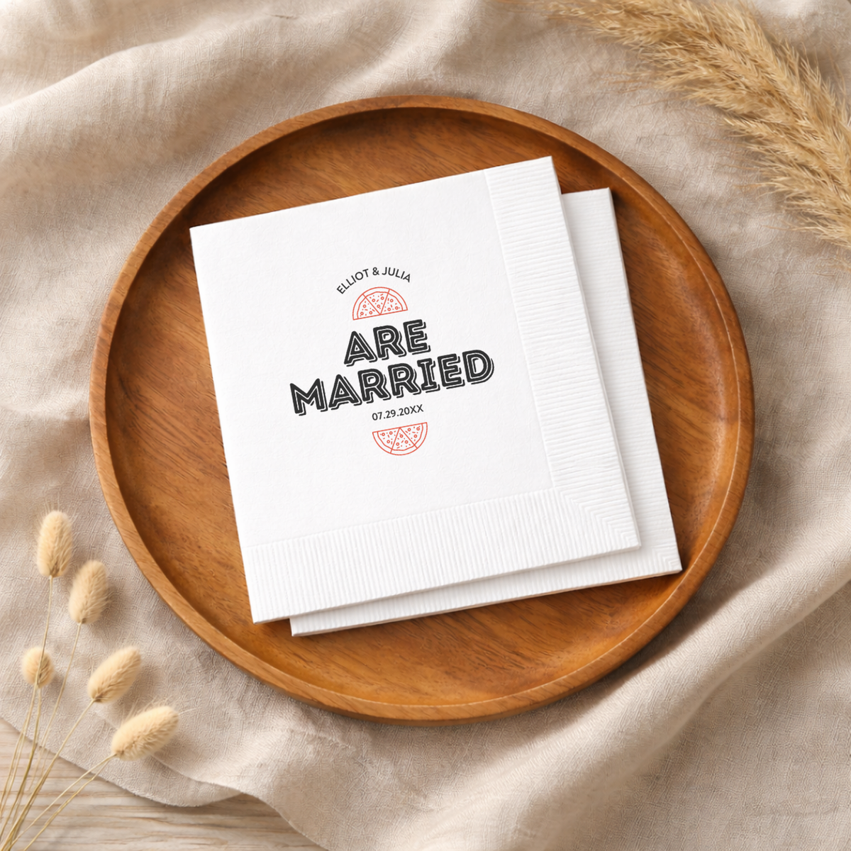Custom rehearsal dinner napkins with a retro pizza design