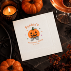 Pumpkin napkins personalized with your name and date, jack-o-lantern with a striped bow at the stem