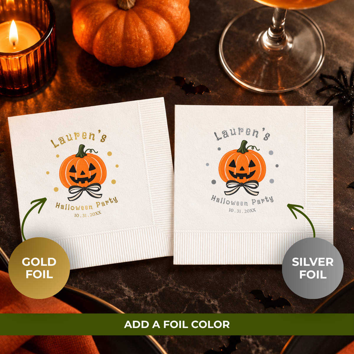 Personalized Halloween paper napkins with the jack-o-lantern with a striped bow at the stem