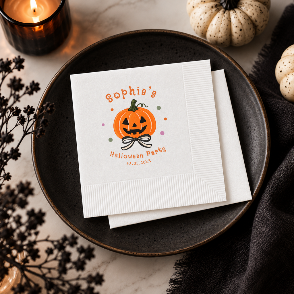 Custom pumpkin napkins printed in the USA, pumpkin bow design