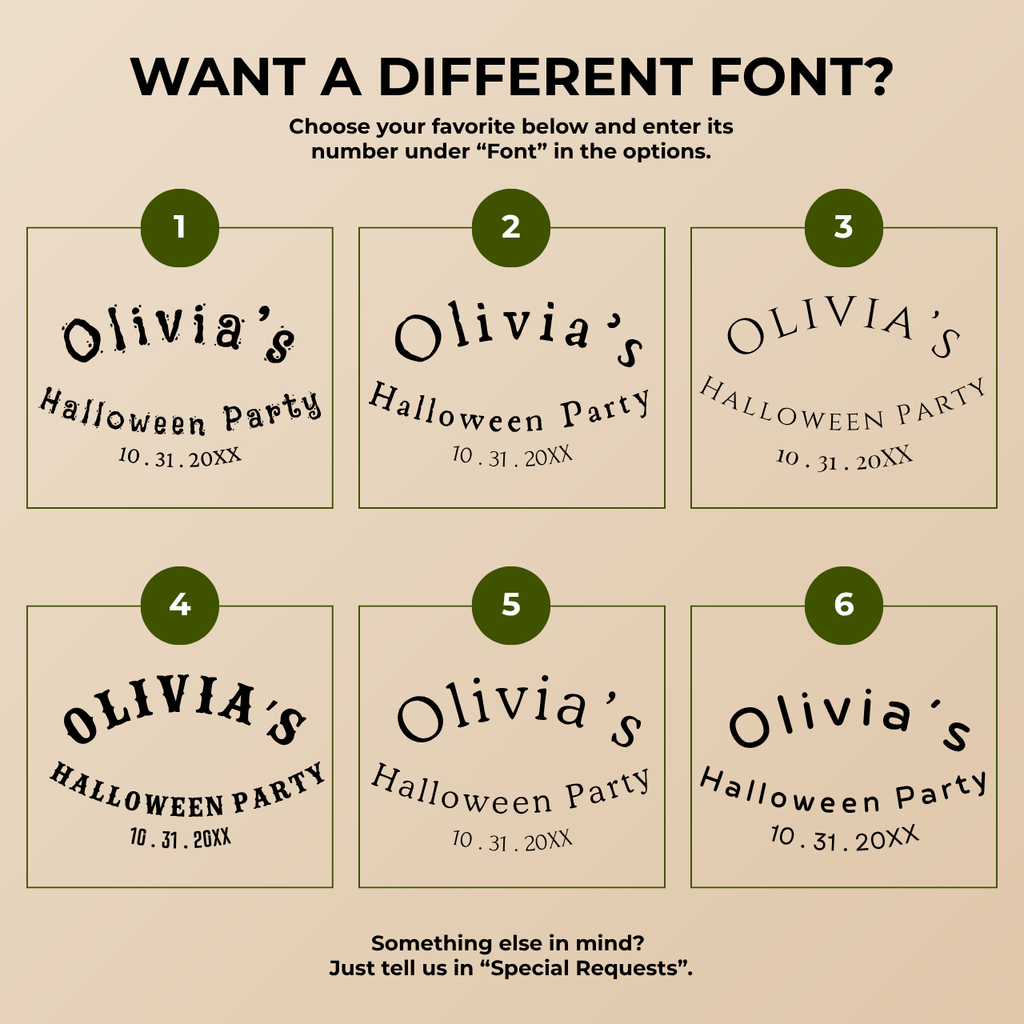 Font chart with six font options for the personalized pumpkin bow Halloween paper plates