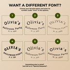 Font chart with six font options for the personalized pumpkin bow Halloween paper plates