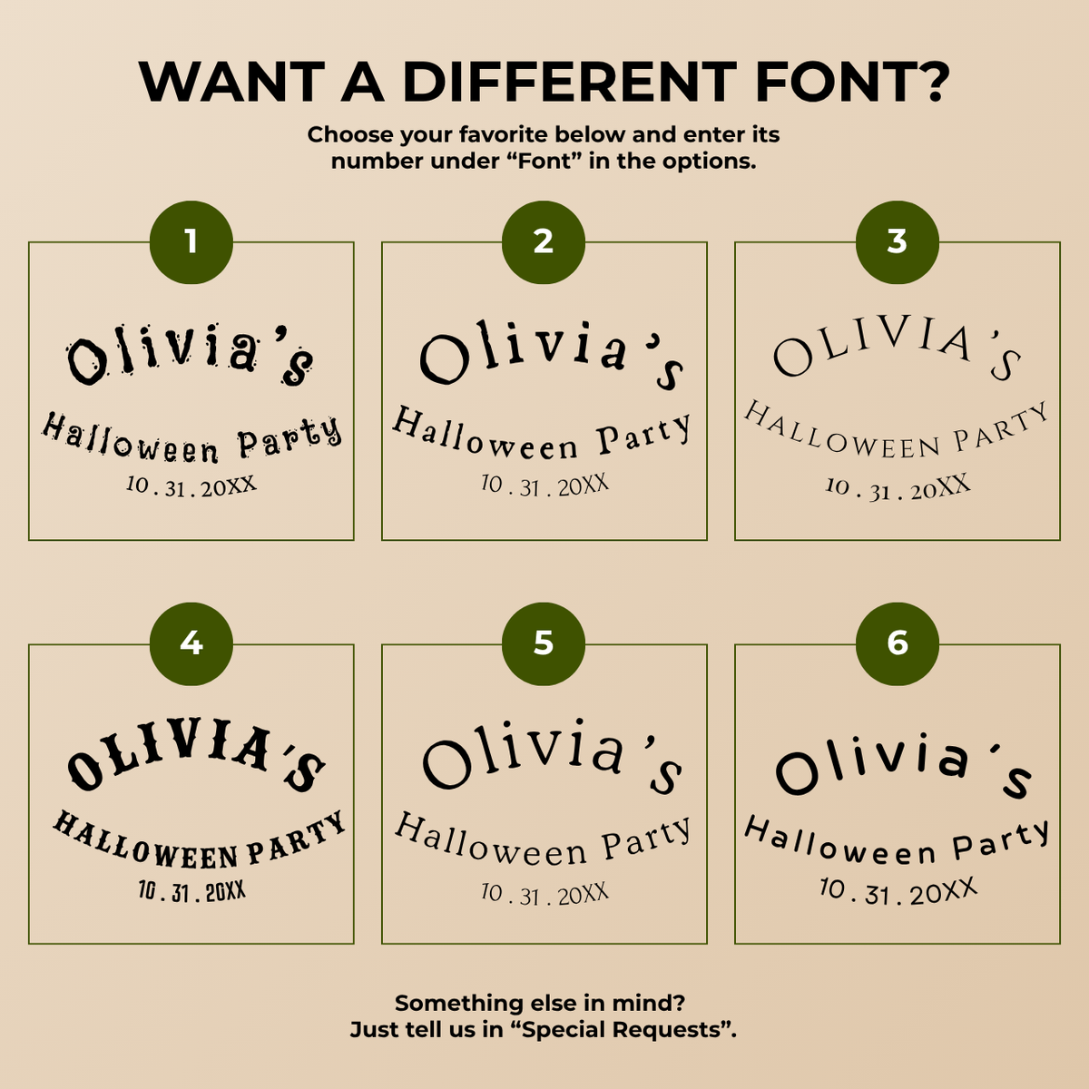 Font chart with six font options for the personalized pumpkin bow Halloween paper plates
