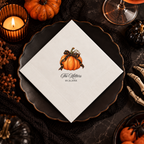 Personalized pumpkin napkins with the pumpkin ribbon design, in cocktail, luncheon and guest towel sizes