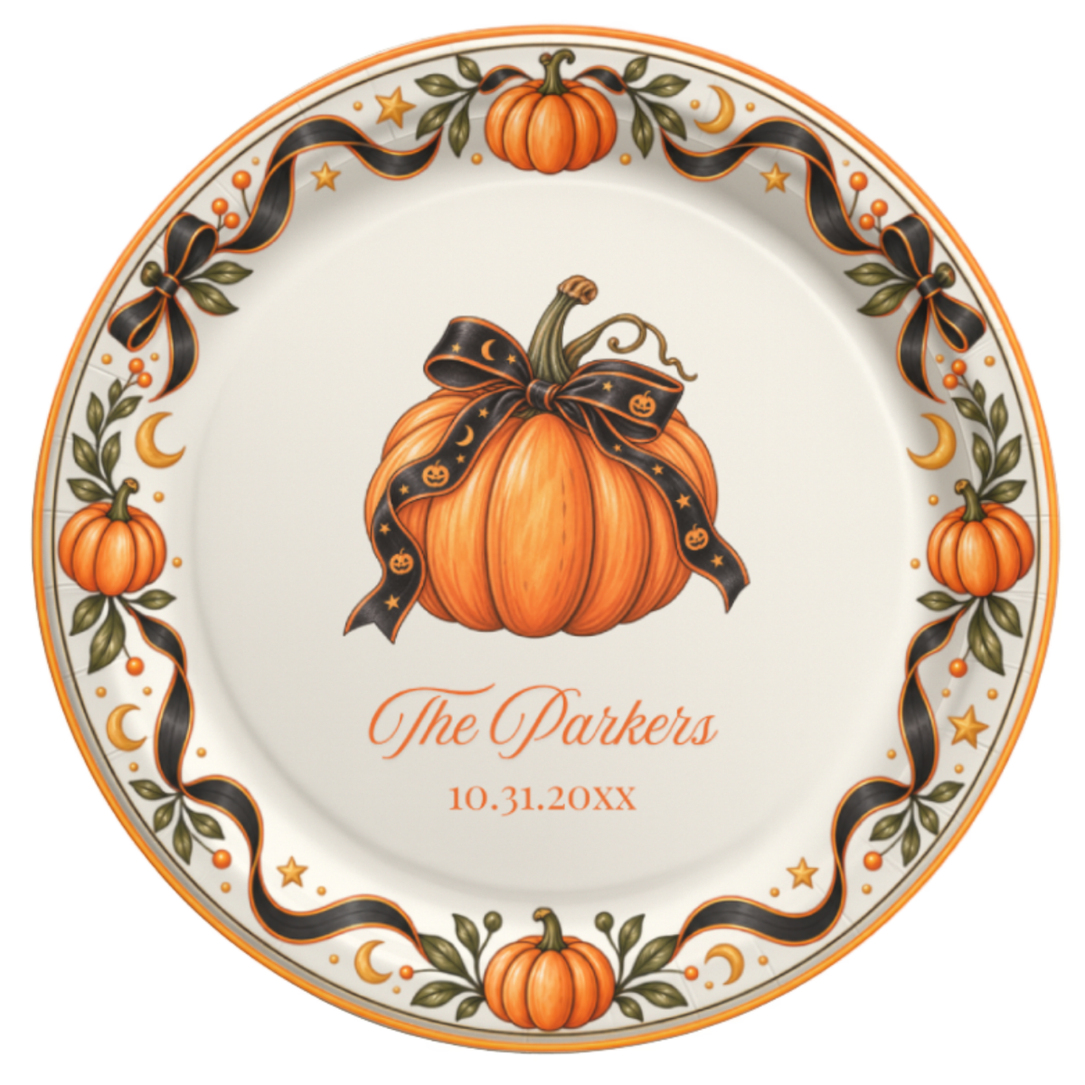Personalized Halloween paper plate with a pumpkin tied in a black ribbon bow inside a pumpkin and ribbon border, family name and date
