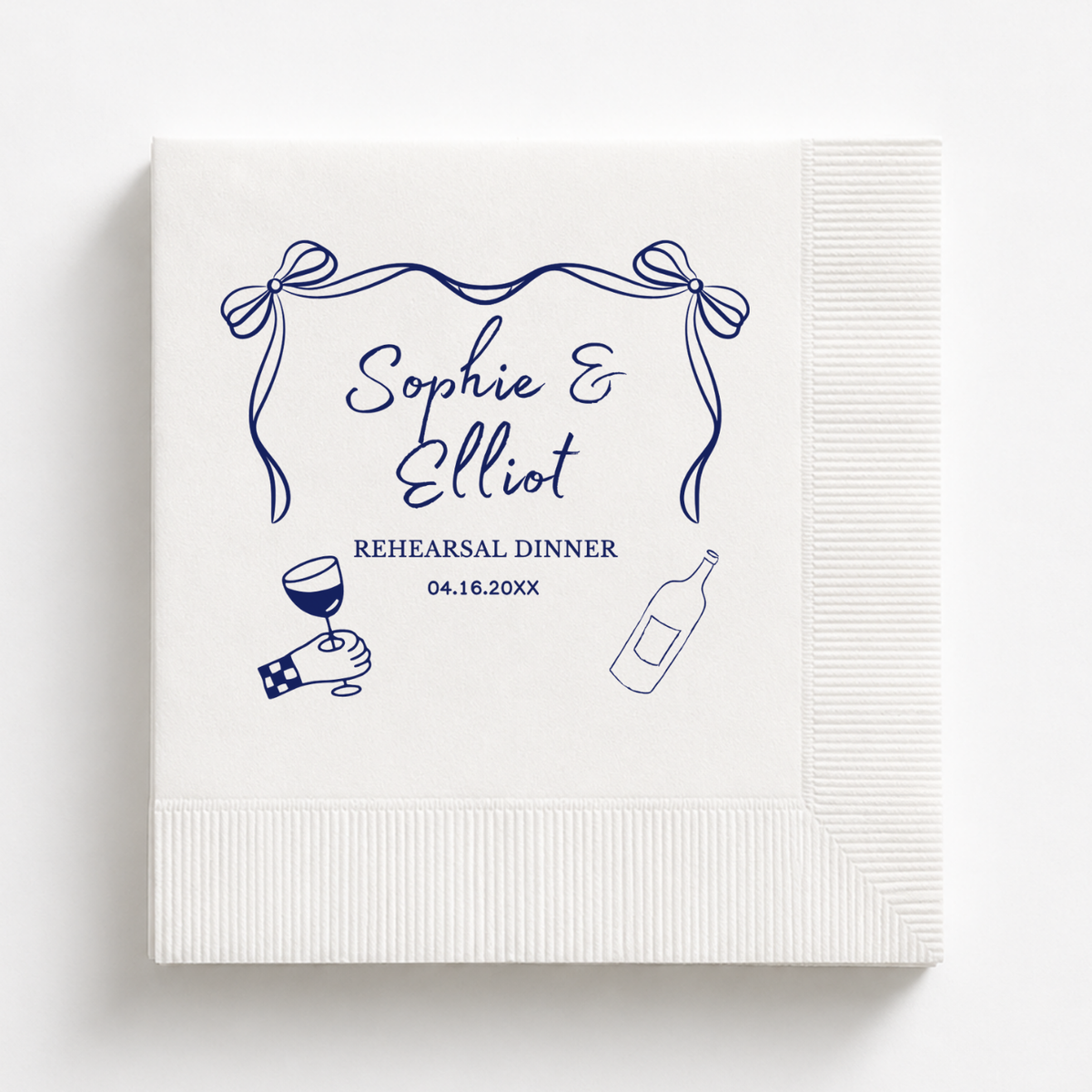 Ribbon Bow Names rehearsal dinner napkin with names and date