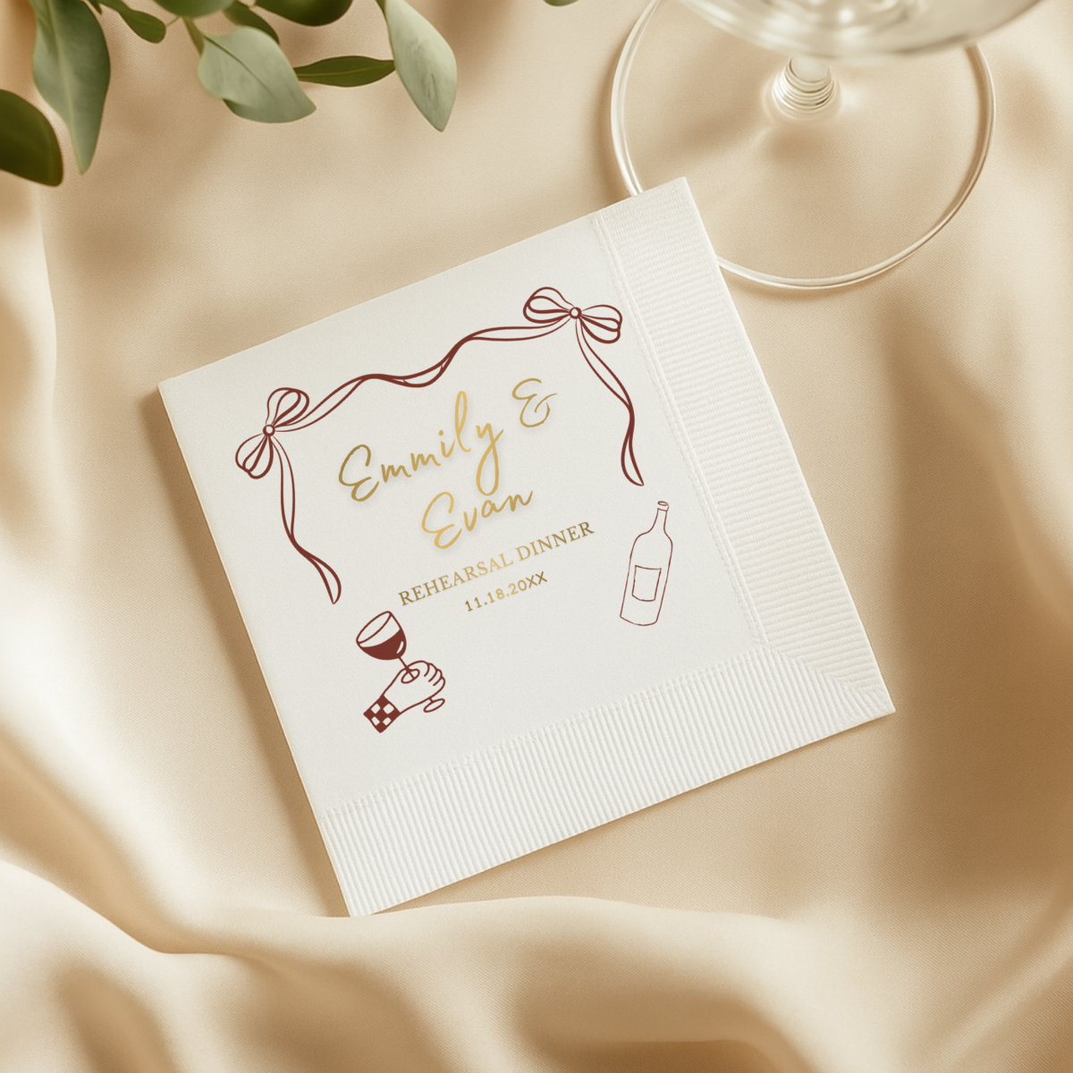 Personalized rehearsal dinner napkin with a coquette bow