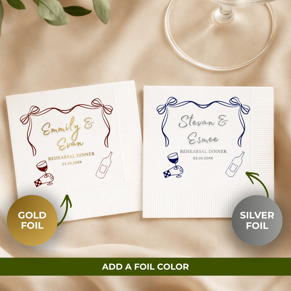 Ribbon Bow Names rehearsal dinner cocktail napkins