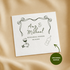 Ribbon bow names rehearsal dinner napkin with the wedding date