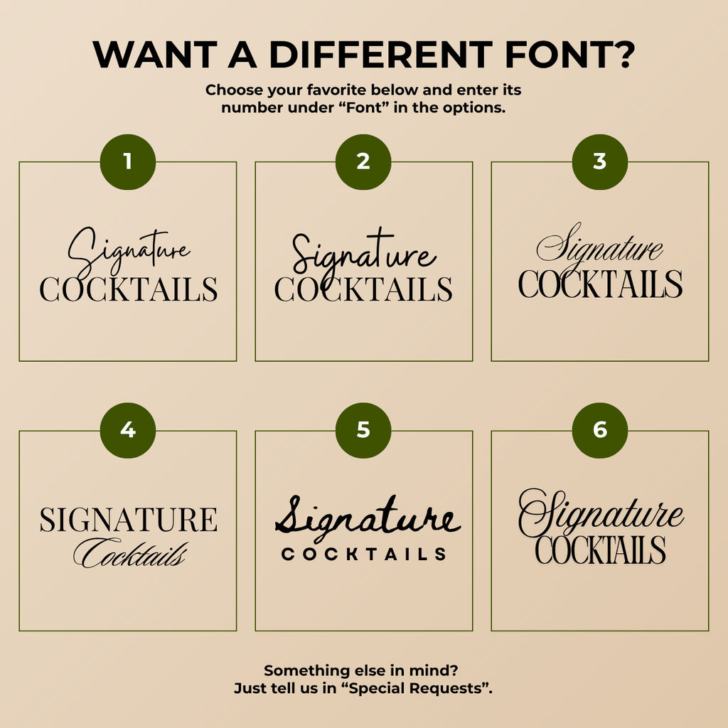 Font chart with six font options for the personalized Signature Cocktails pet bar sign