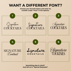 Font chart with six font options for the personalized Signature Cocktails pet bar sign