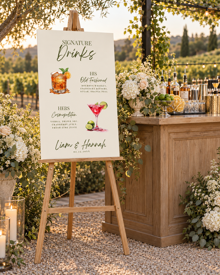 Custom His and Hers Signature Drinks Wedding Bar Sign Acrylic