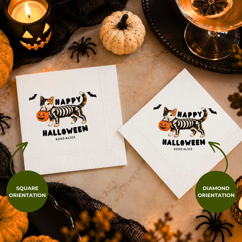Skeleton cat Halloween cocktail napkins with custom wording