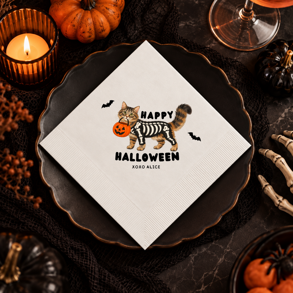 Personalized cat halloween napkins with the skeleton cat design, in cocktail, luncheon and guest towel sizes