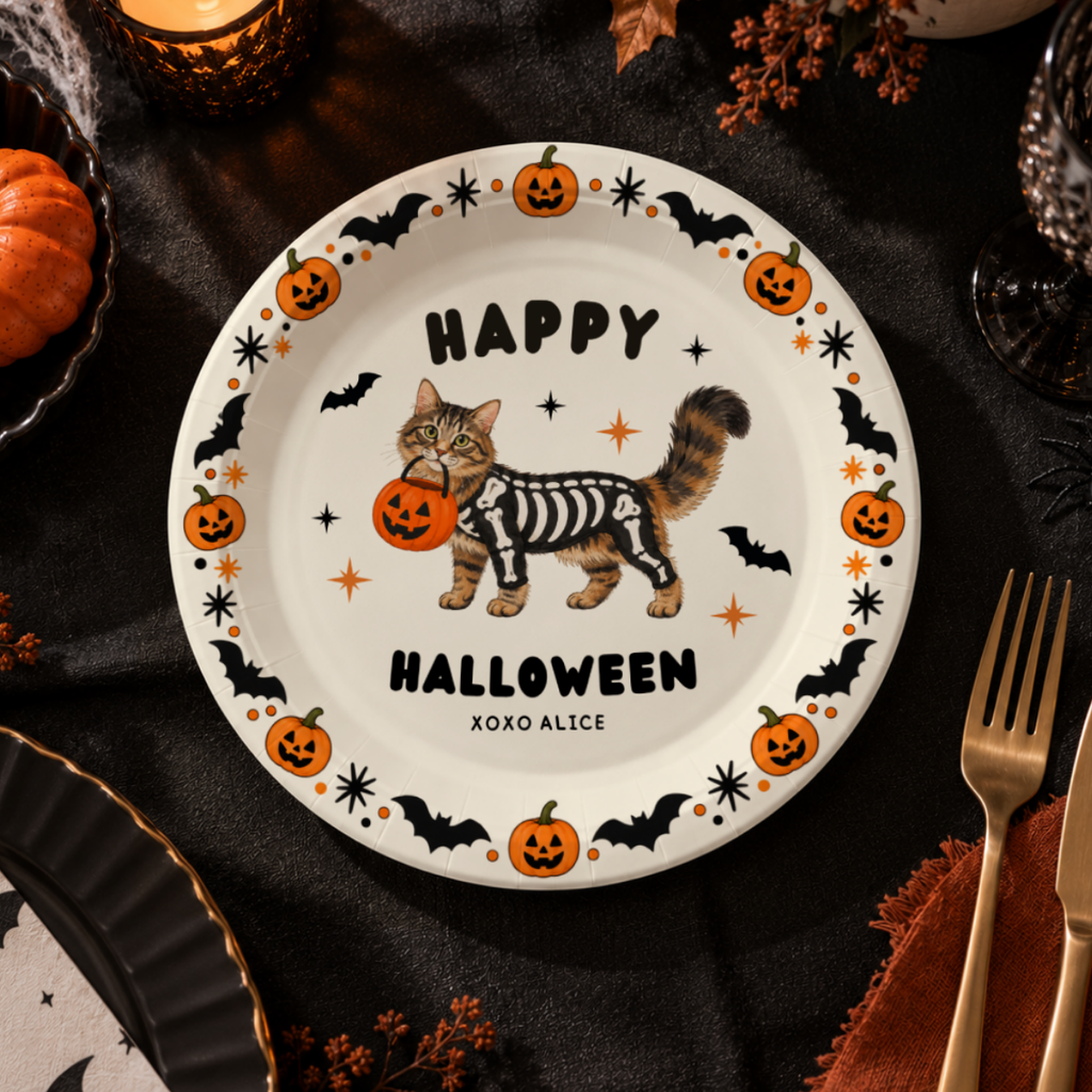 Skeleton cat halloween paper plates personalized with your name, the cat in a skeleton costume carrying a jack-o-lantern
