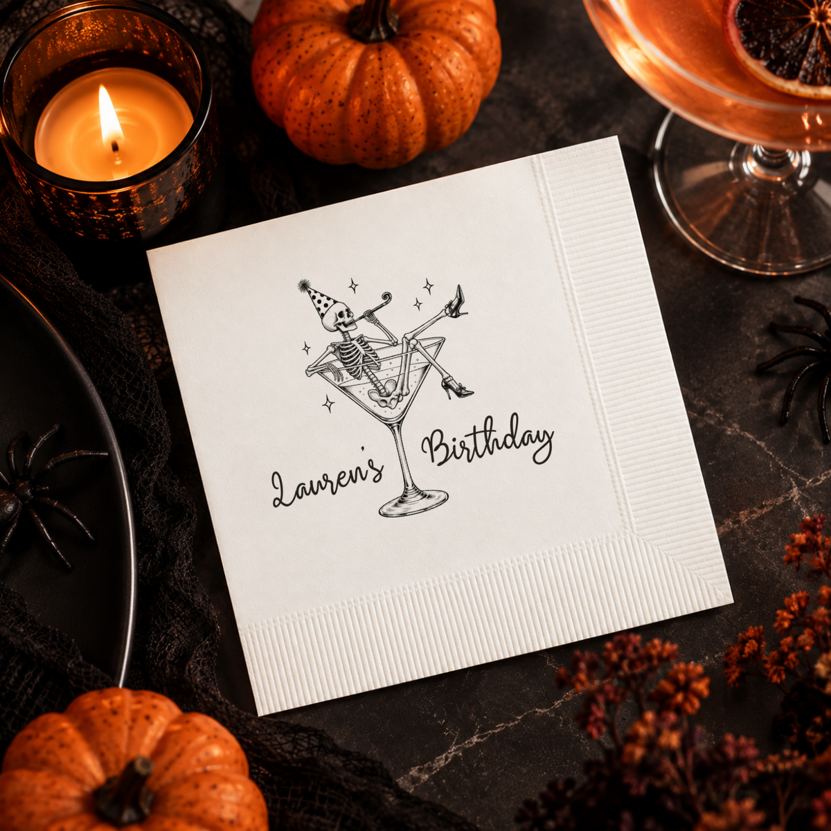 Halloween birthday napkins personalized with your name and date, party skeleton lounging in a martini glass