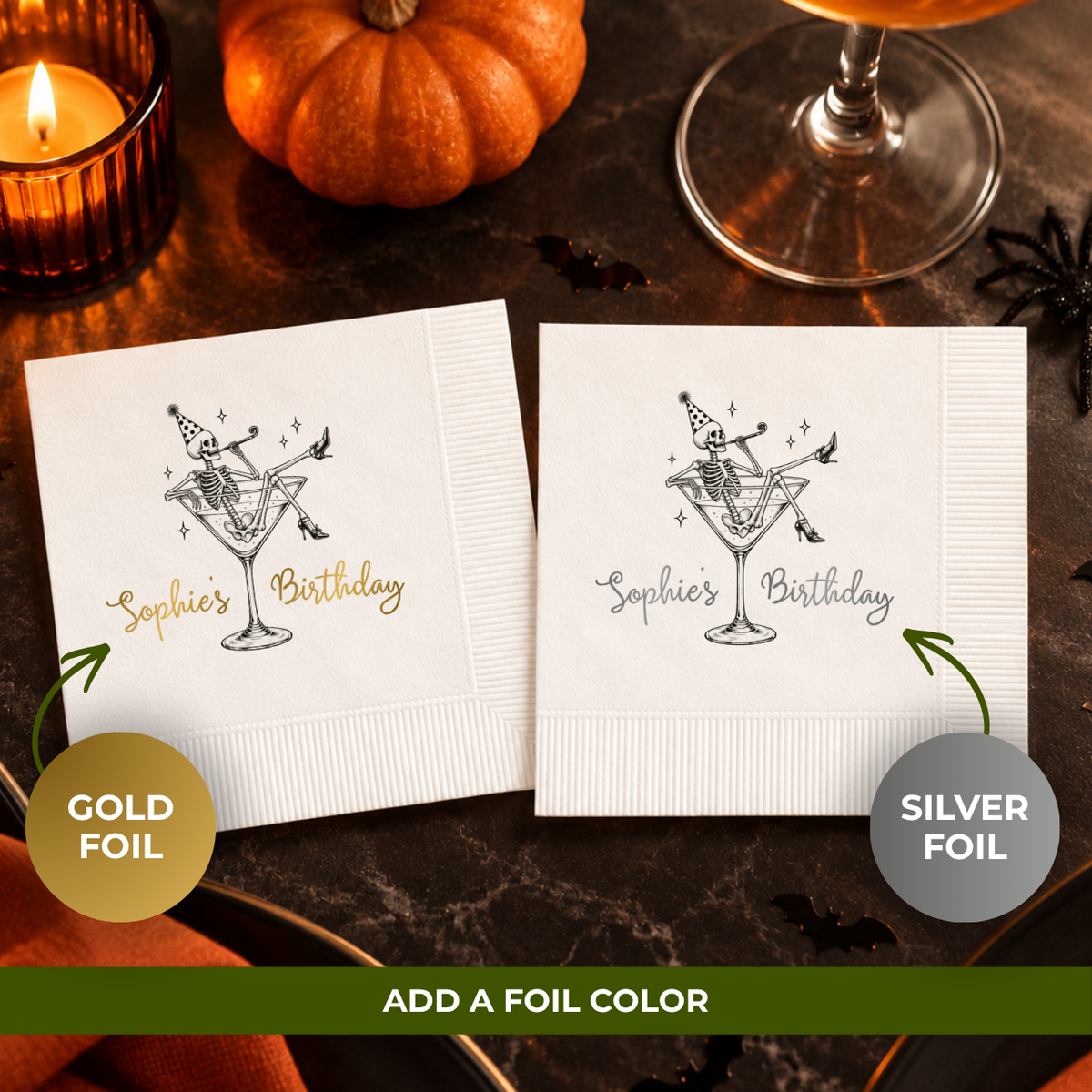 Personalized Halloween paper napkins with the party skeleton lounging in a martini glass