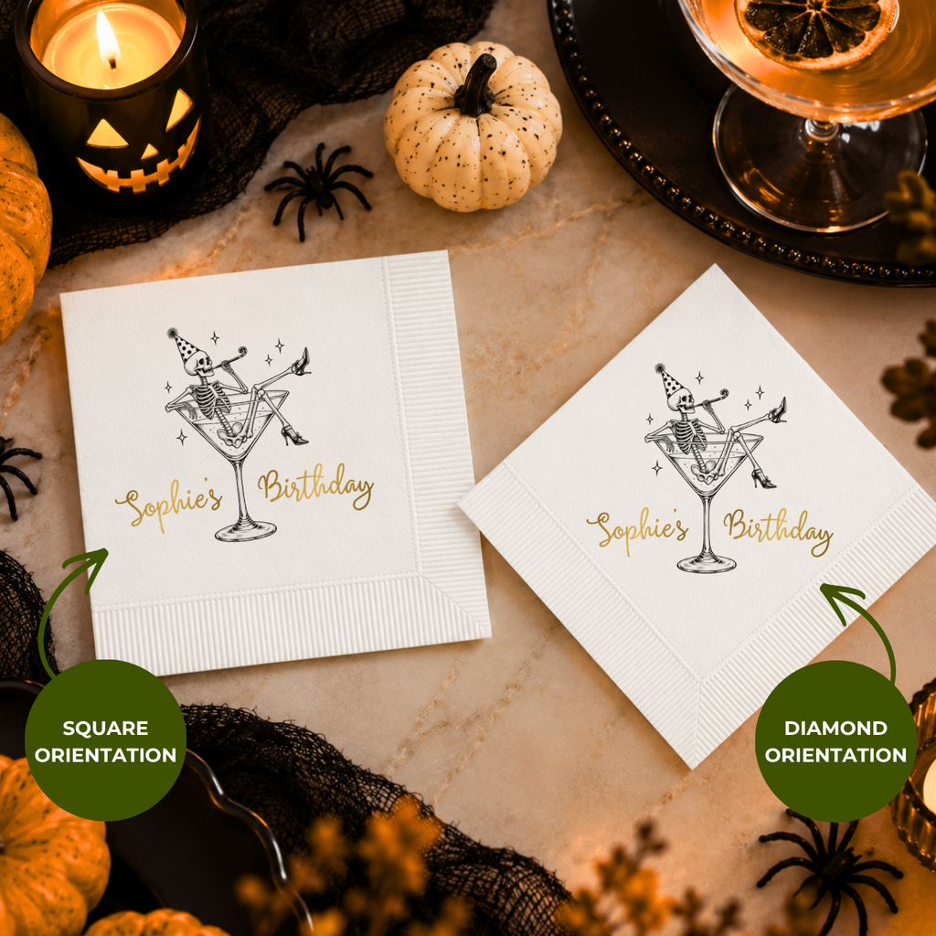 Skeleton martini birthday Halloween cocktail napkins with custom wording