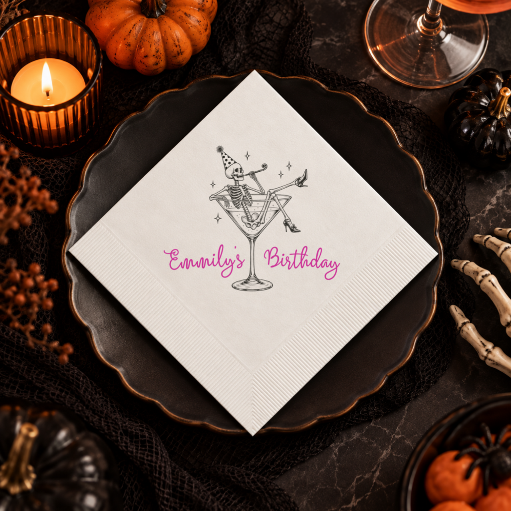 Personalized Halloween birthday napkins with the skeleton martini birthday design, in cocktail, luncheon and guest towel sizes