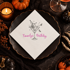 Personalized Halloween birthday napkins with the skeleton martini birthday design, in cocktail, luncheon and guest towel sizes