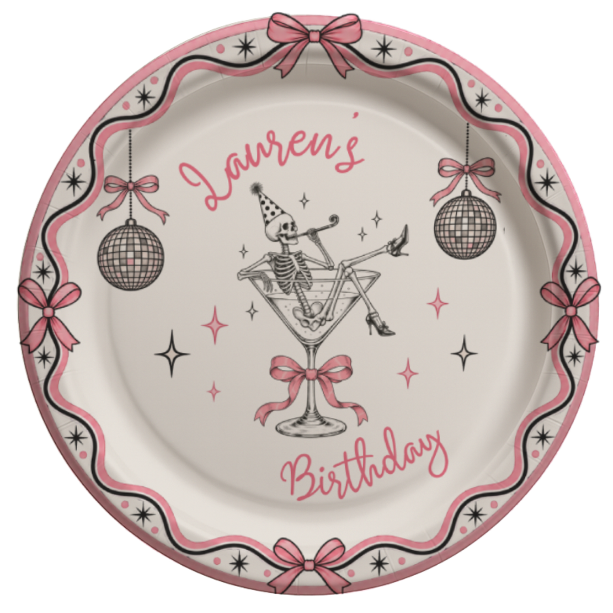 Personalized birthday paper plate with a party skeleton in a martini glass, disco balls and pink bows, name in script