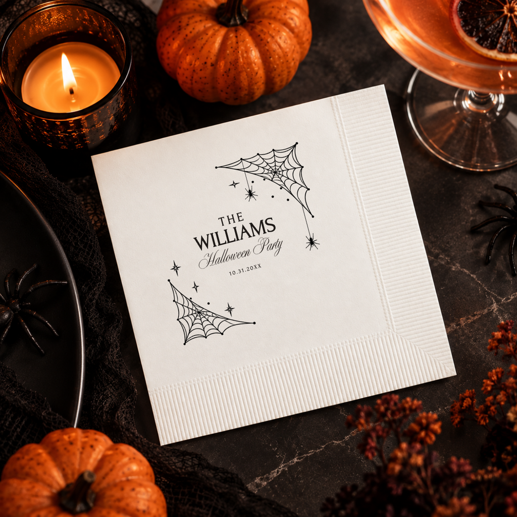 Custom Halloween napkins for a Halloween party, spiderwebs in two corners with hanging spiders