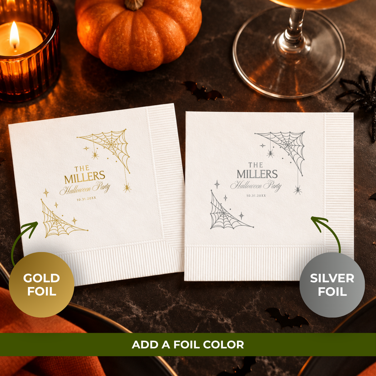 Personalized Halloween paper napkins with the spiderwebs in two corners with hanging spiders
