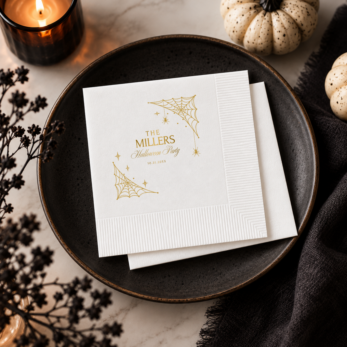 Custom Halloween napkins printed in the USA, spiderweb design