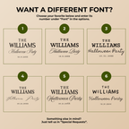Font chart with the font options for the personalized spiderweb Halloween napkins