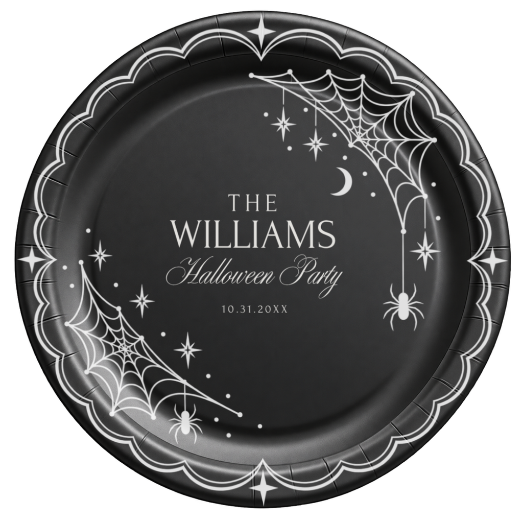 Personalized black Halloween party paper plate with white spiderwebs and hanging spiders, family name and date